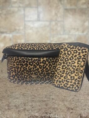 Michael Kors Slater Sling Pack Leopard Print Bag & Wallet Set Calf Hair